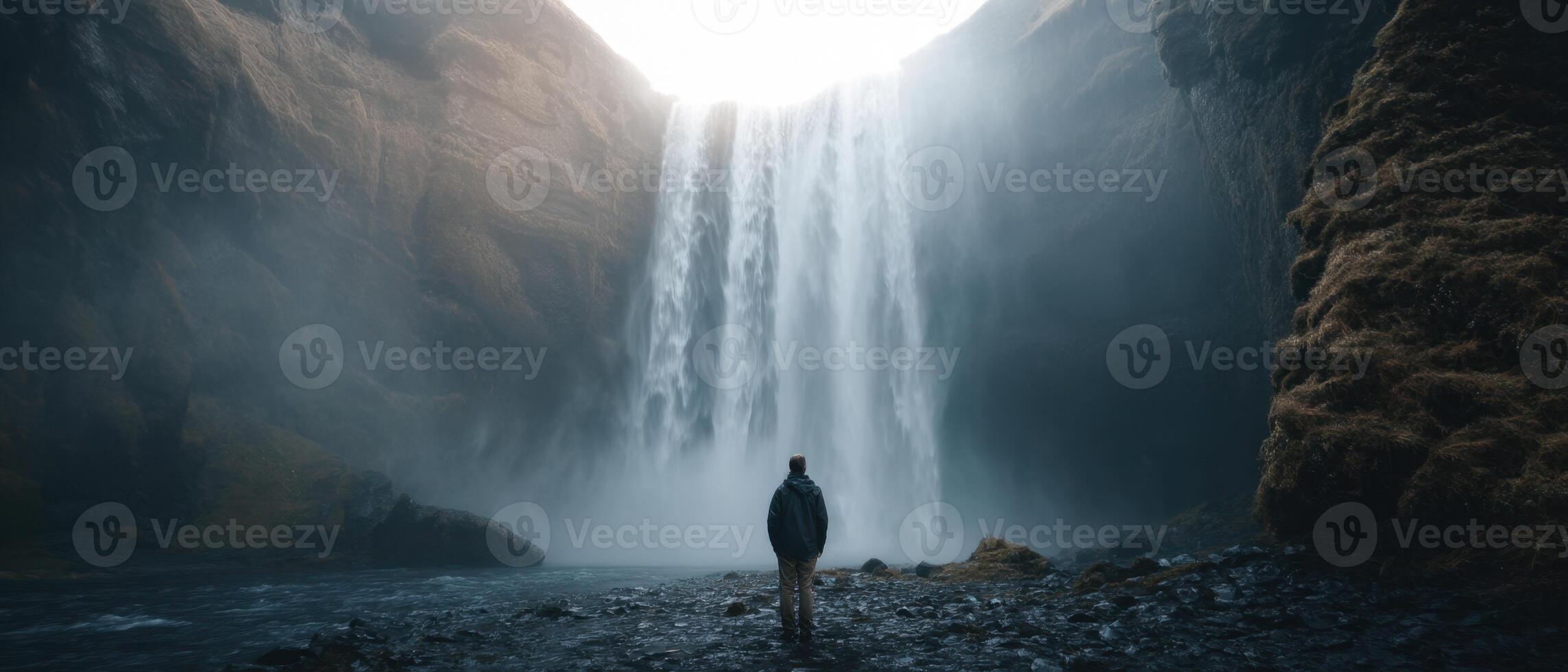 A man standing in front of a waterfall photo