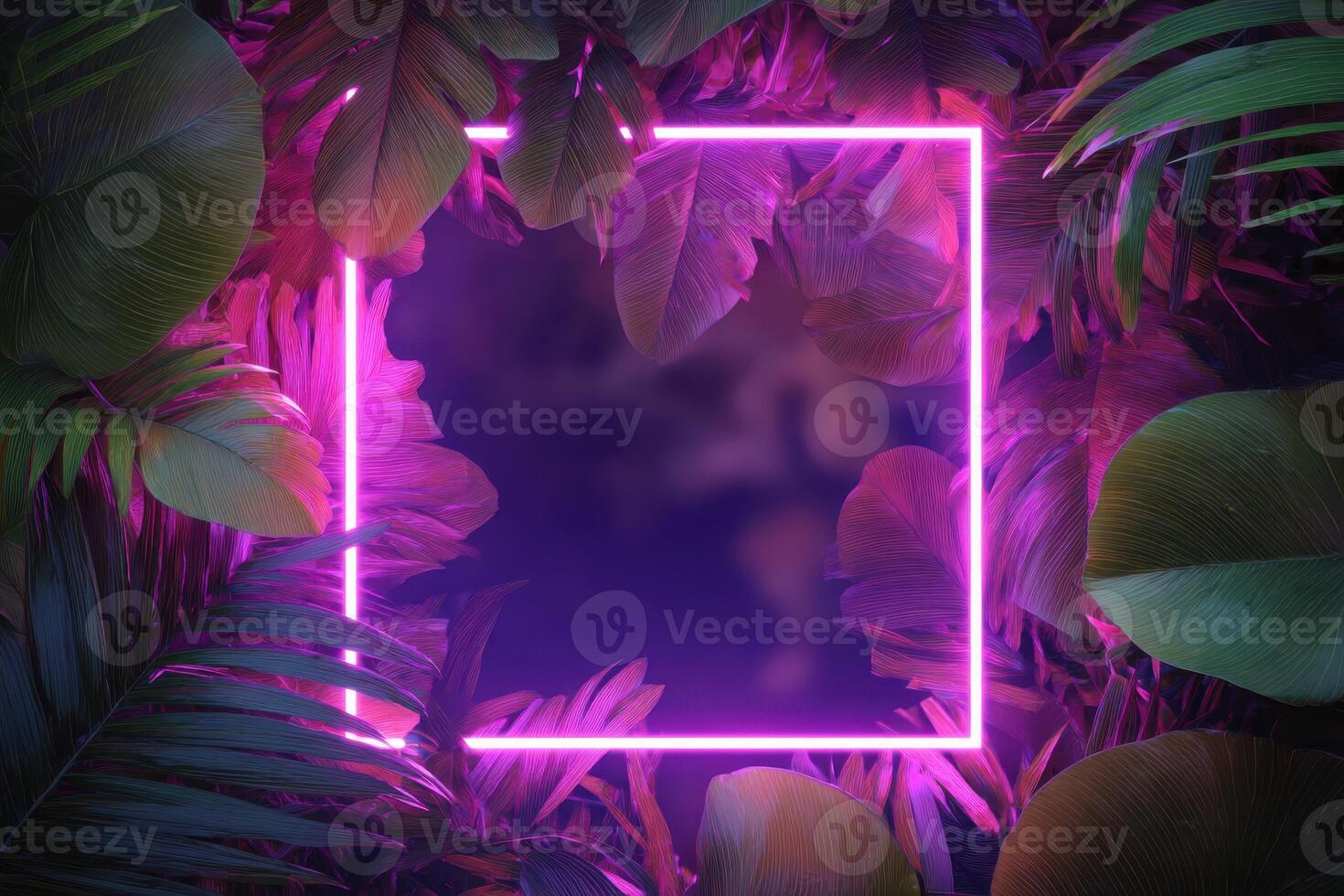 Neon pink square frame surrounded by tropical leaves photo