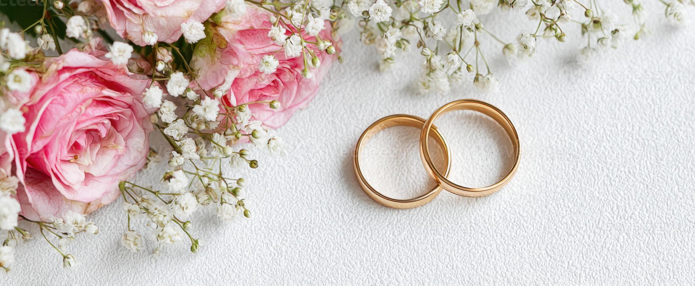 Two wedding rings are placed on a white surface photo