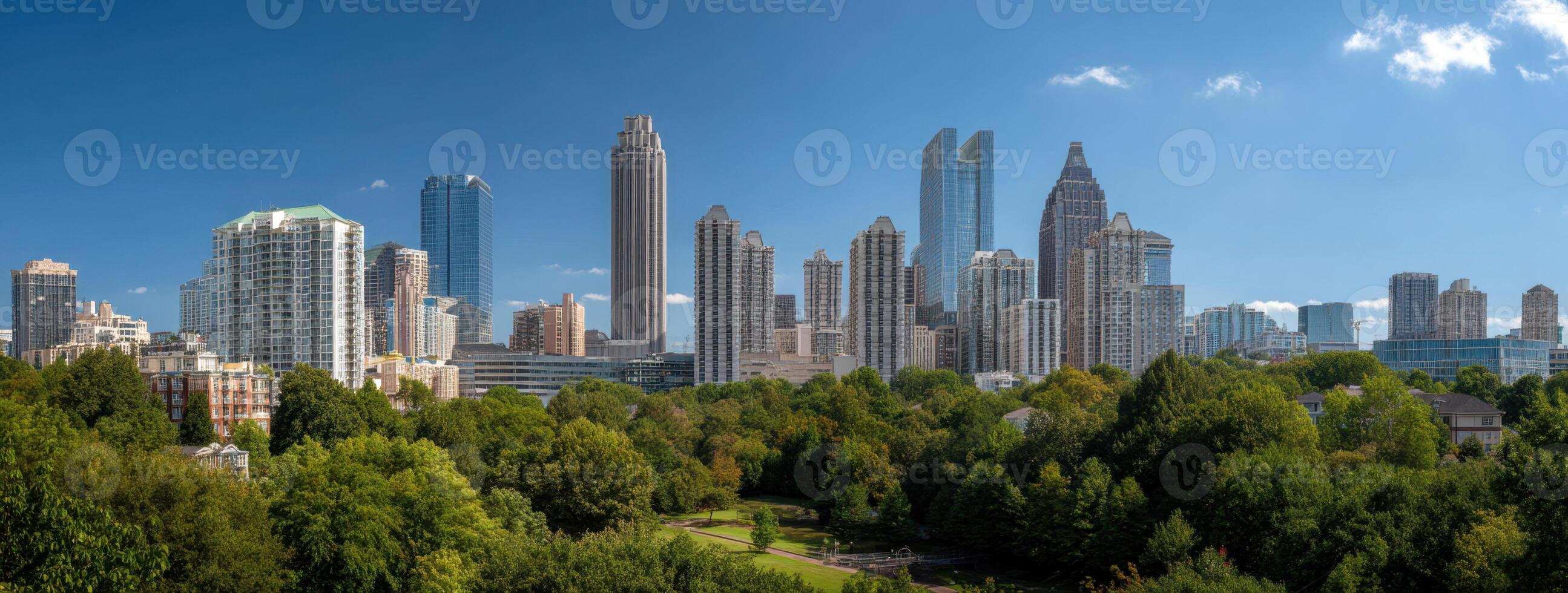 A city skyline with trees and buildings in the foreground photo