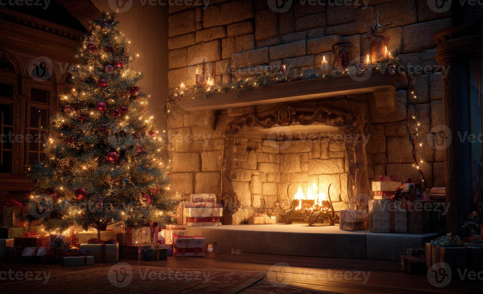 A fireplace with a christmas tree in front of it photo