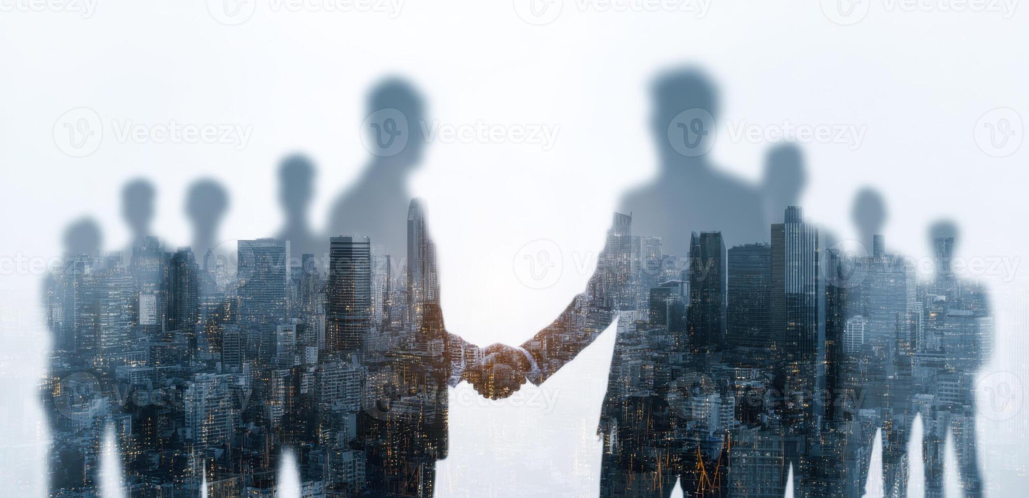 Business people shaking hands in front of cityscape photo
