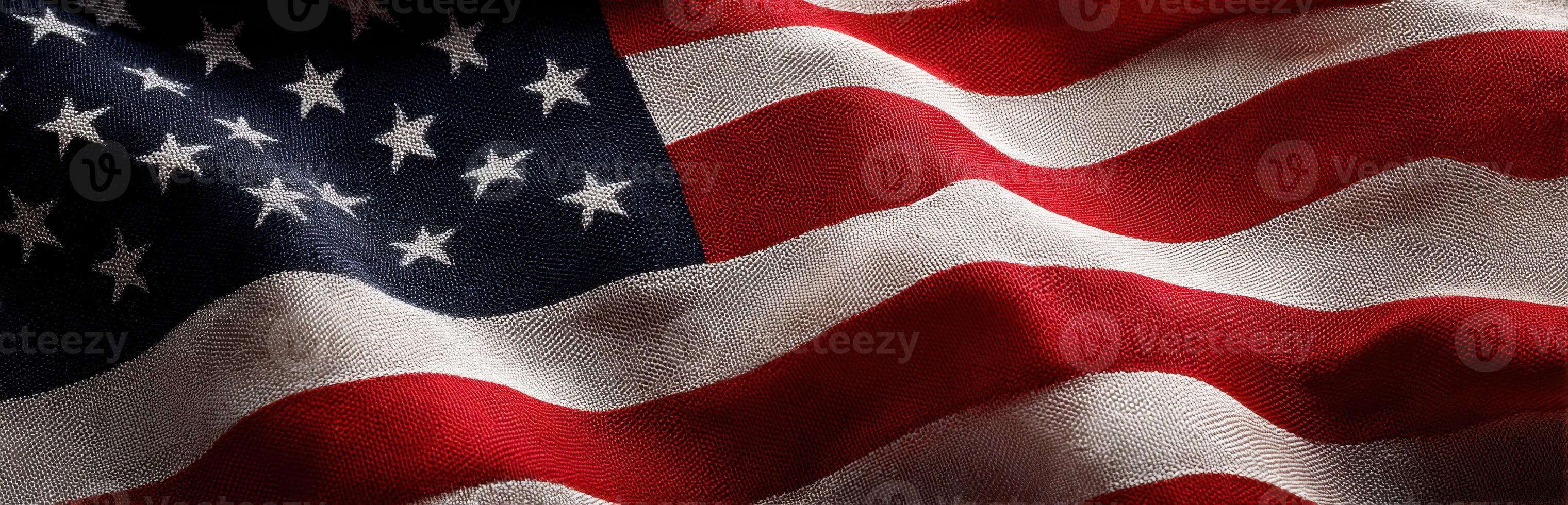 American Flag Waving Background Close Up Image Showing Stars and Stripes Texture USA Patriotism and National Symbol of Freedom and Independence photo