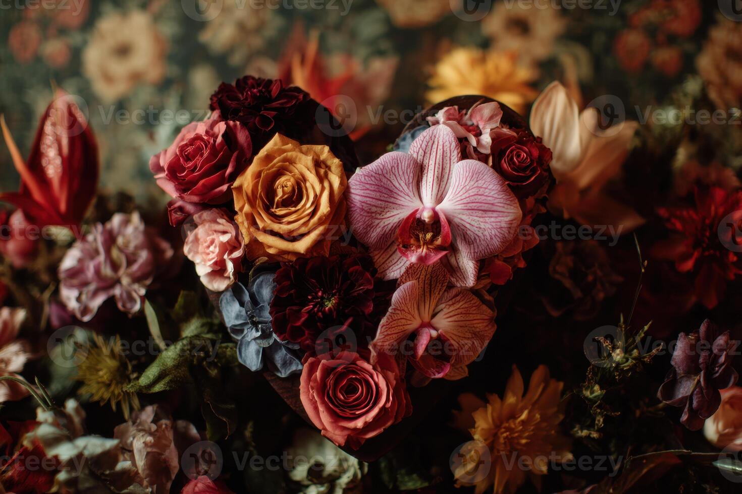 A Floral Heart Crafted with Roses Orchids and Various Blooms Creates a Visual Symphony of Love Romance and Natural Beauty for Enchanting Moments photo