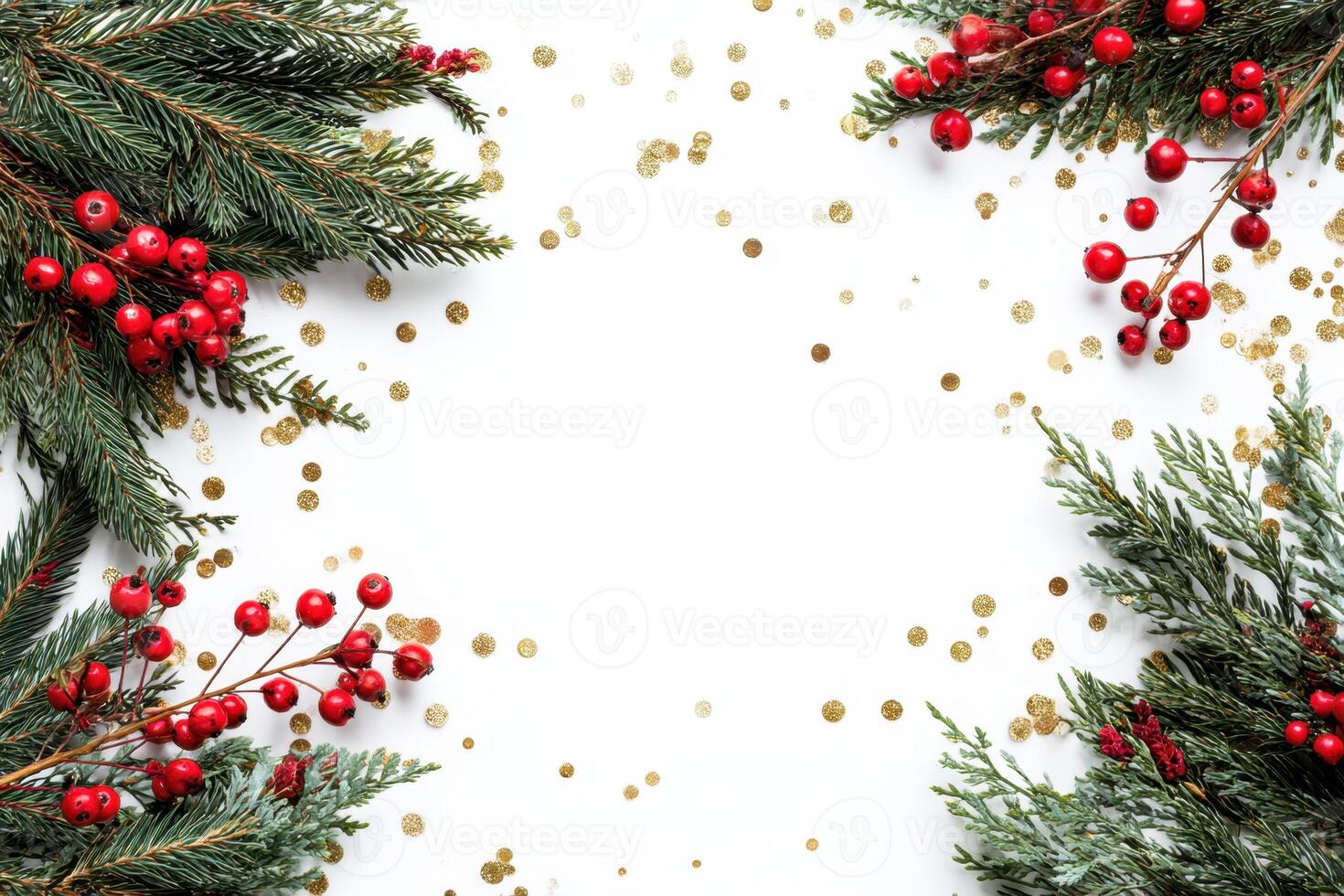 Evergreen Branches with Red Berries and Gold Glitter on White Background Creating Festive and Warm Atmosphere Holiday Season Celebration Idea photo