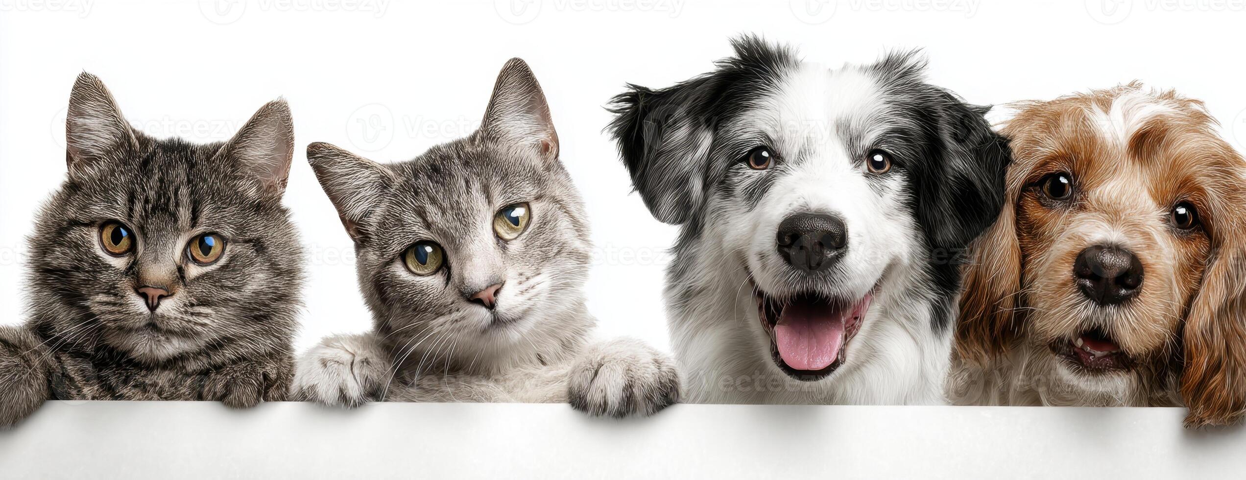 Four dogs and a cat are peeking over a white board photo