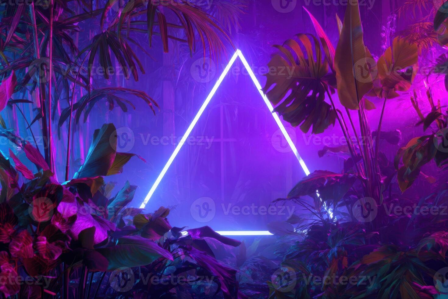 A neon triangle in the middle of a jungle photo