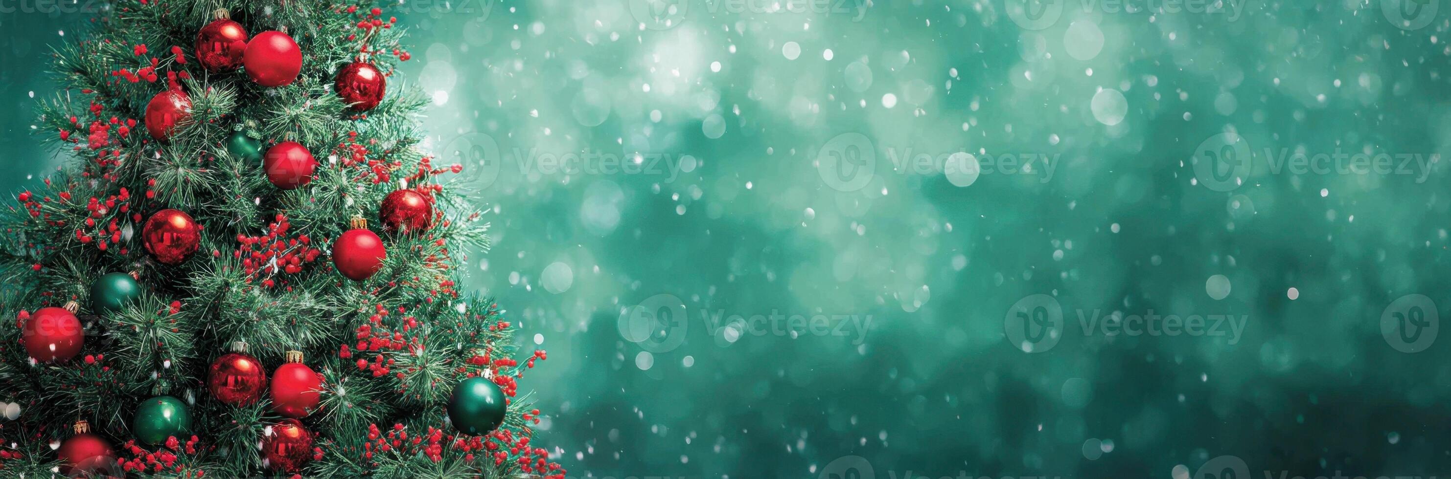 Festive Holiday Season Evergreen Tree Decorated with Ornaments and Bows on Snowy Teal Background a Traditional Christmas Celebration Concept Background for Display photo