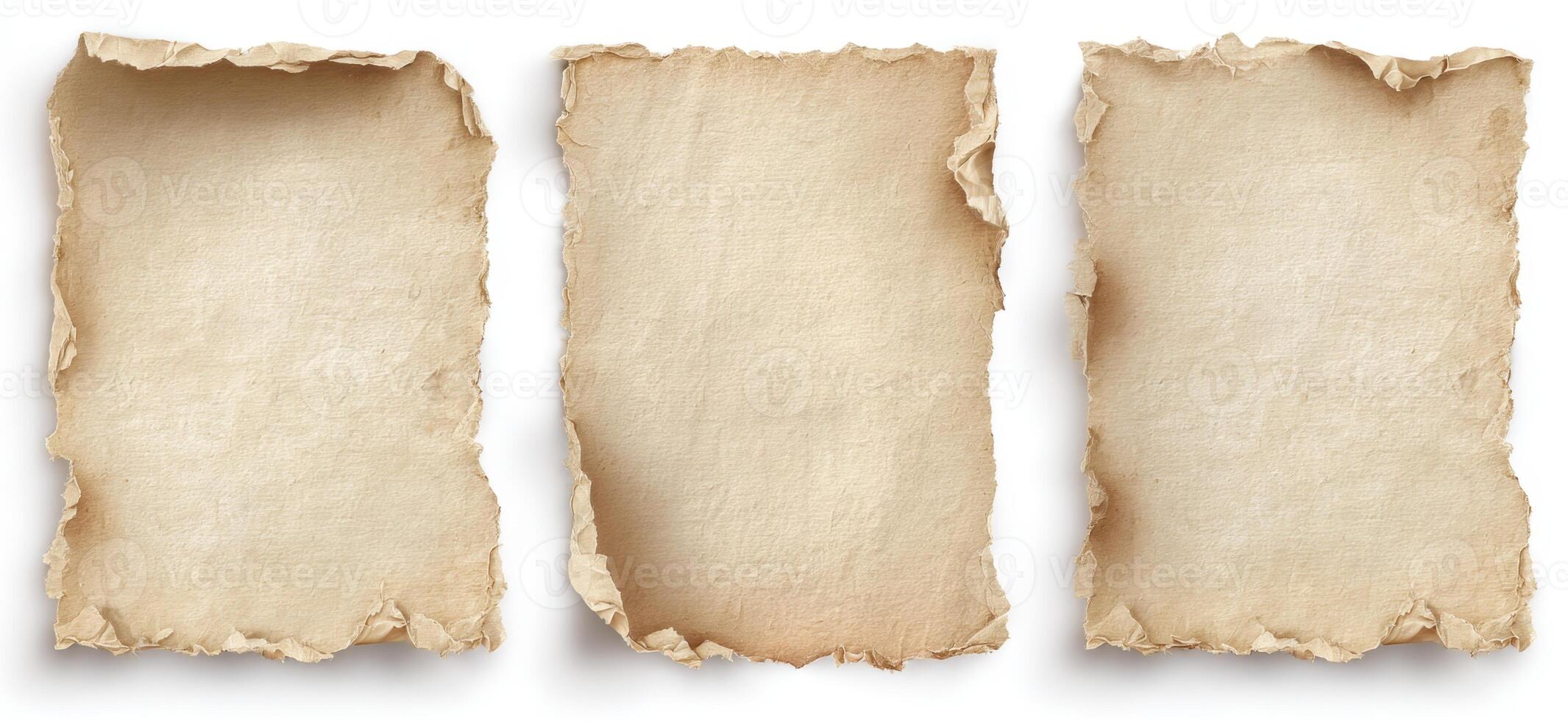 Three Torn Vintage Parchment Sheets on White Background Offer Rustic Texture and Timeless Elegance for Creative Designs and Nostalgic Visualizations and Digital Representations photo