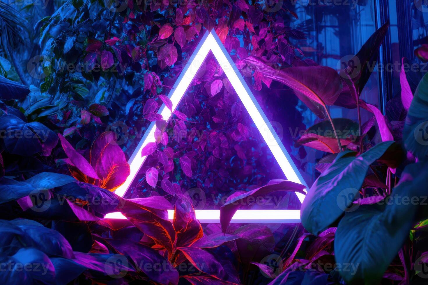 A Glowing Triangle Illuminating Exotic Flora An Abundance of Tropical Greenery and Vibrant Blossoms in a Neon Lit Secret Garden photo