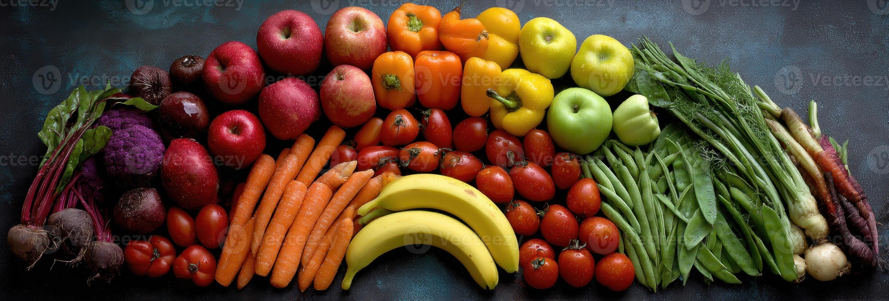 Colorful Array of Fresh Produce Assortment of Fruits and Vegetables Displayed on Dark Surface Ripe Harvest From Local Farms For Healthy Eating photo