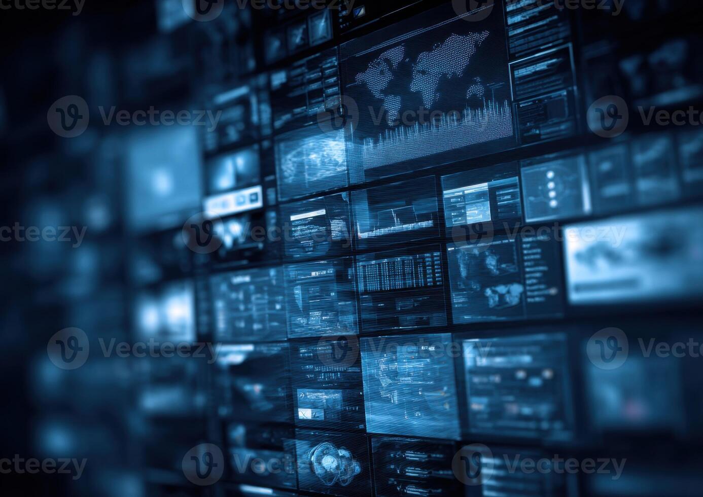 A dark background with many screens and a map photo