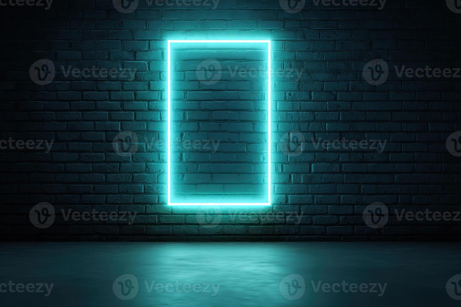 Neon sign on a brick wall with a light shining in front of it photo
