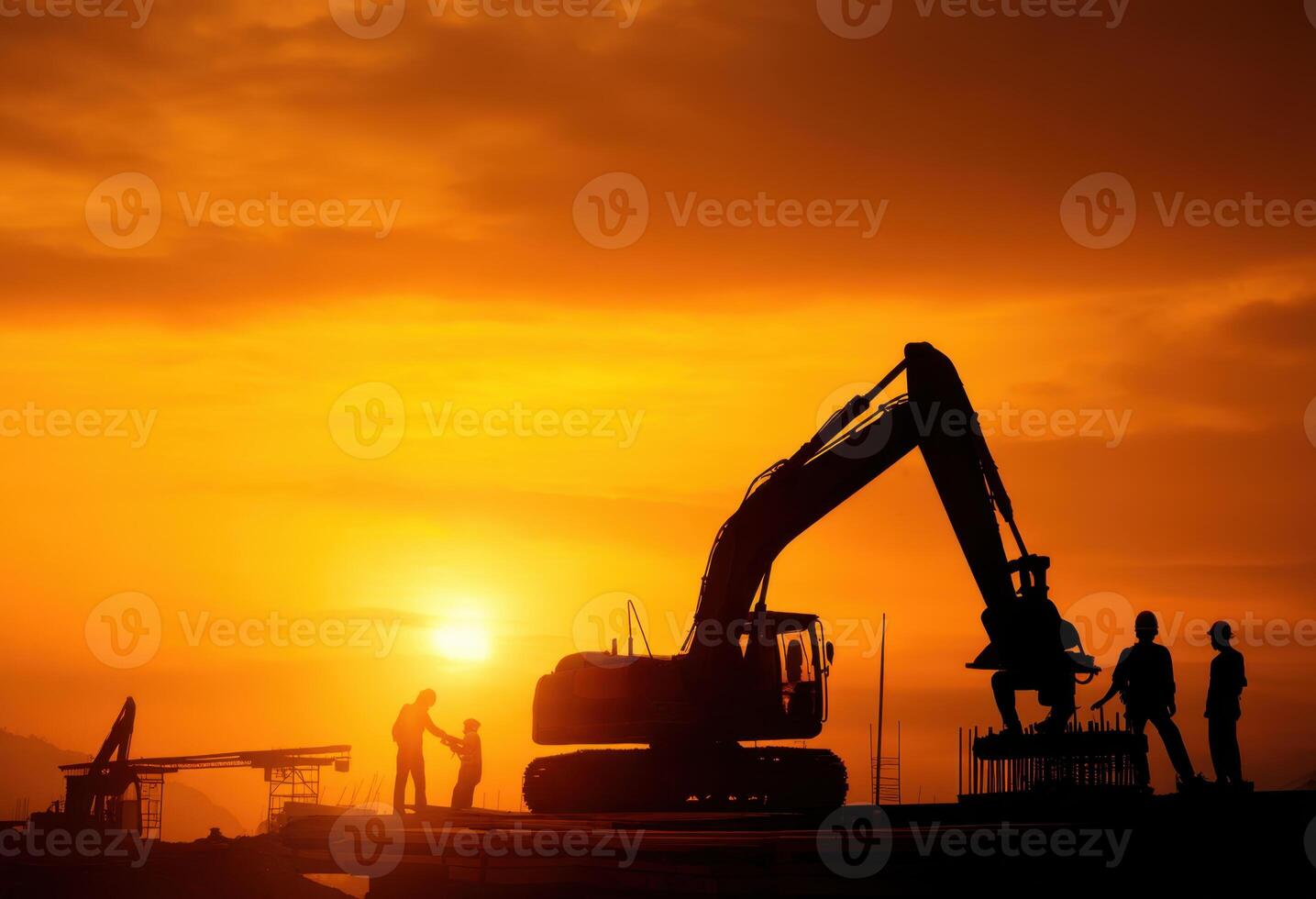 Spectacular Silhouette of Construction Crew Working on Project Against Golden Sunset Background Demonstrating Teamwork and Collaboration to Finish Task photo