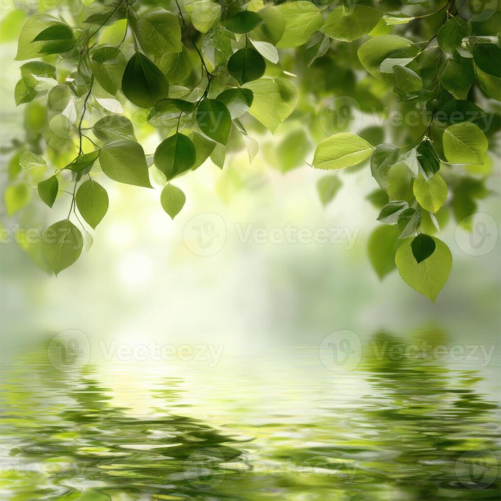 A Verdant Canopy Reflecting Serenity Calm Water Surface and the Luminous Sky Behind the Foliage Depicts Relaxing Ambience of Nature photo