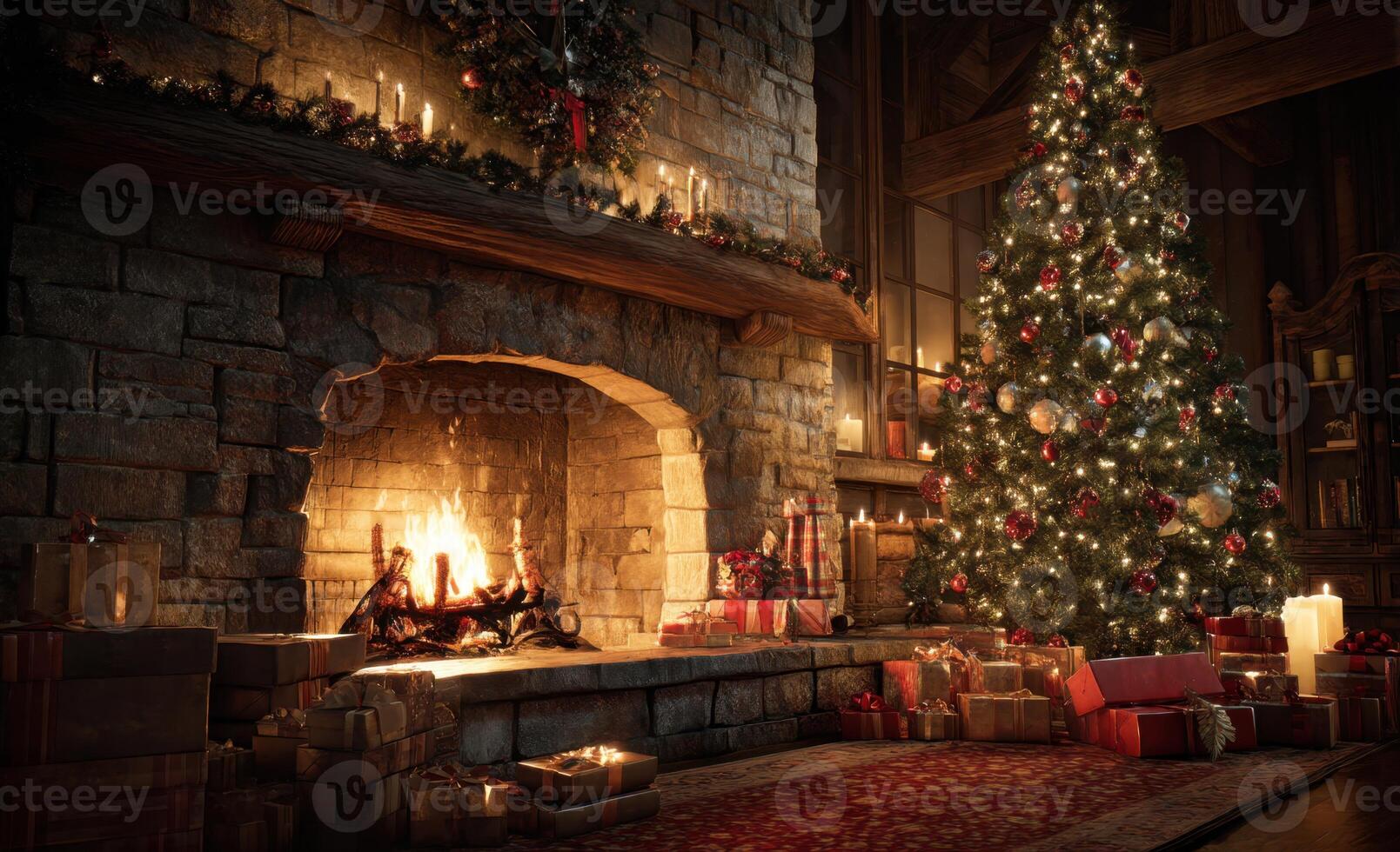 A Cozy Christmas Eve Inside a Rustic Cabin Featuring a Fireplace Stockings Presents a Decorated Christmas Tree Candles and a Festive Holiday Setting for Celebration photo