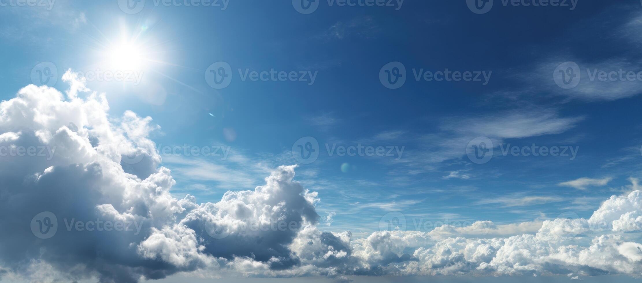 Bright Sunlit Sky With Clouds Aerial View Panorama Fluffy Layered Cloudscape Beautiful Peaceful Weather Perfect Clear Scenic Over White photo