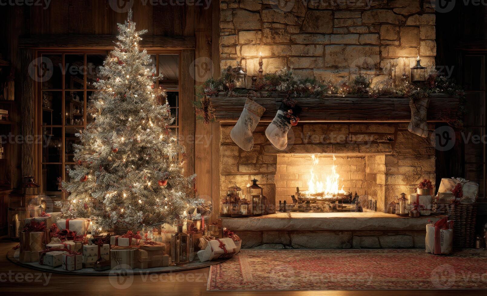 A fireplace with a christmas tree and presents photo
