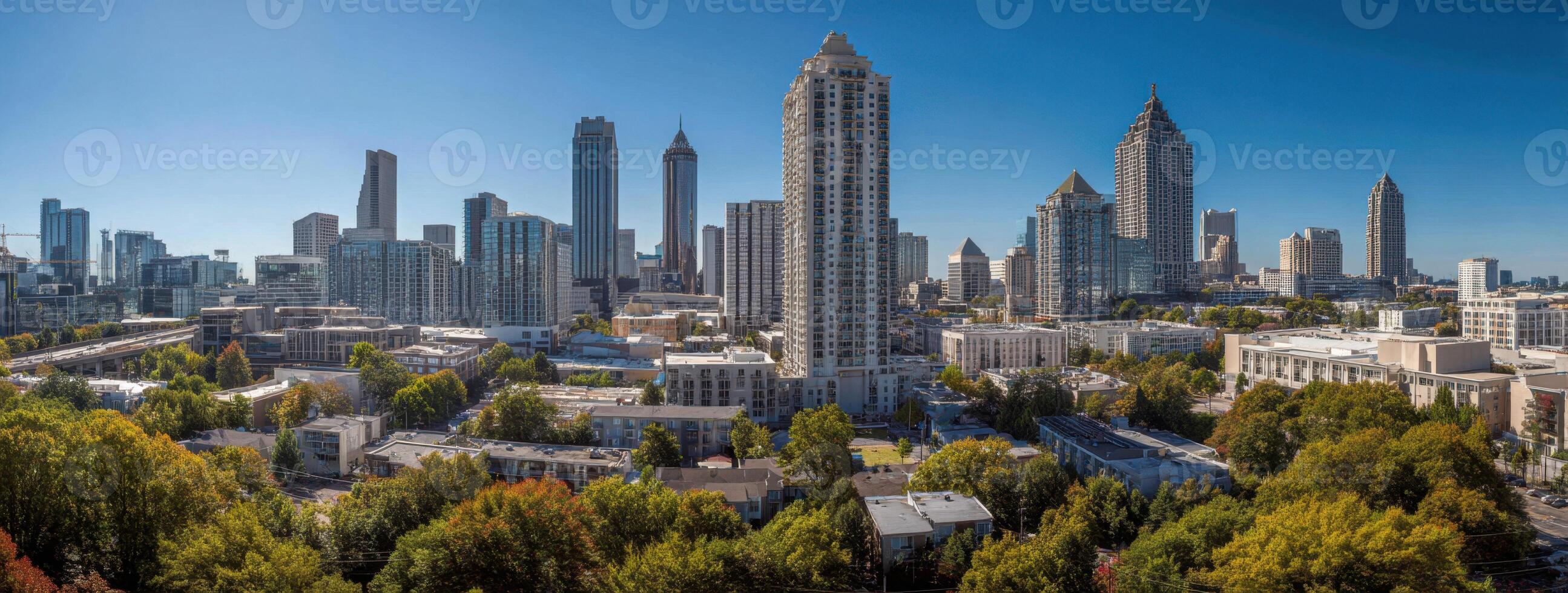 The atlanta skyline is seen from above photo