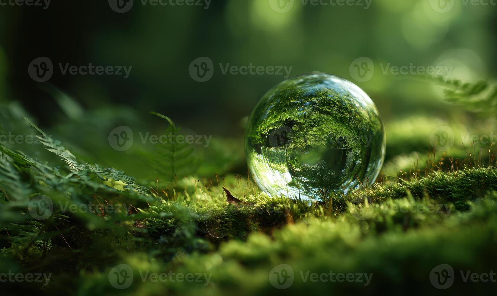 A glass globe sitting on the ground in the middle of a forest photo