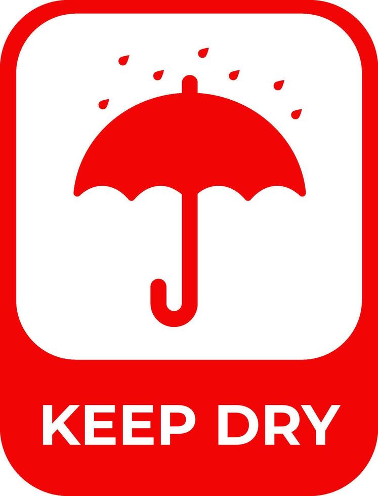 Red Keep Dry symbol featuring an umbrella with raindrops, commonly used on packages to indicate protection from moisture during shipping and storage. vector