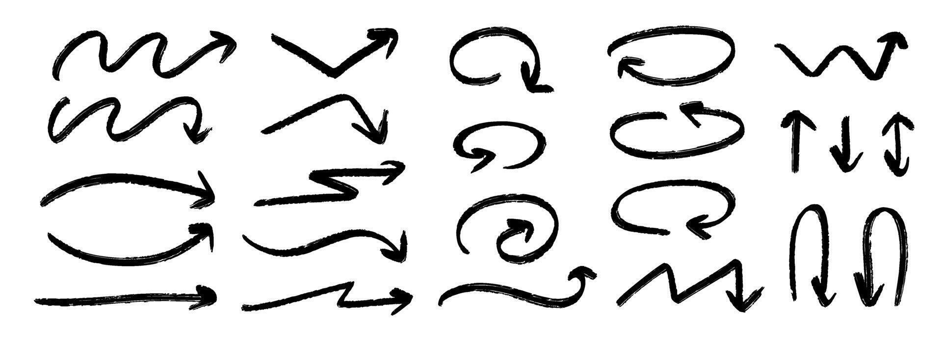 Hand drawn crayon arrow collection. Black curved and straight doodle arrows set. Grunge charcoal sketch pointers and direction lines. Pastel pencil, black chalk or marker brush stroke elements vector