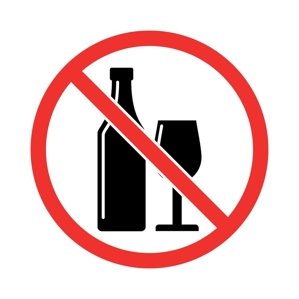 No alcohol sign. Icon of a wine bottle and cup in a crossed out red circle. vector