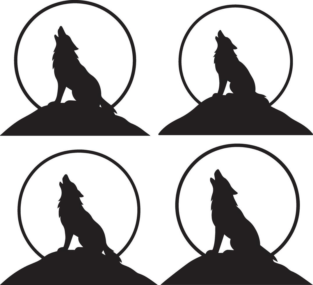 Howling wolf on hill under full moon in flat black silhouette design bundle set illustration vector