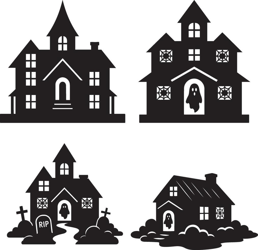 Haunted House Silhouette Illustration with Ghosts and Graveyard Elements for Halloween vector