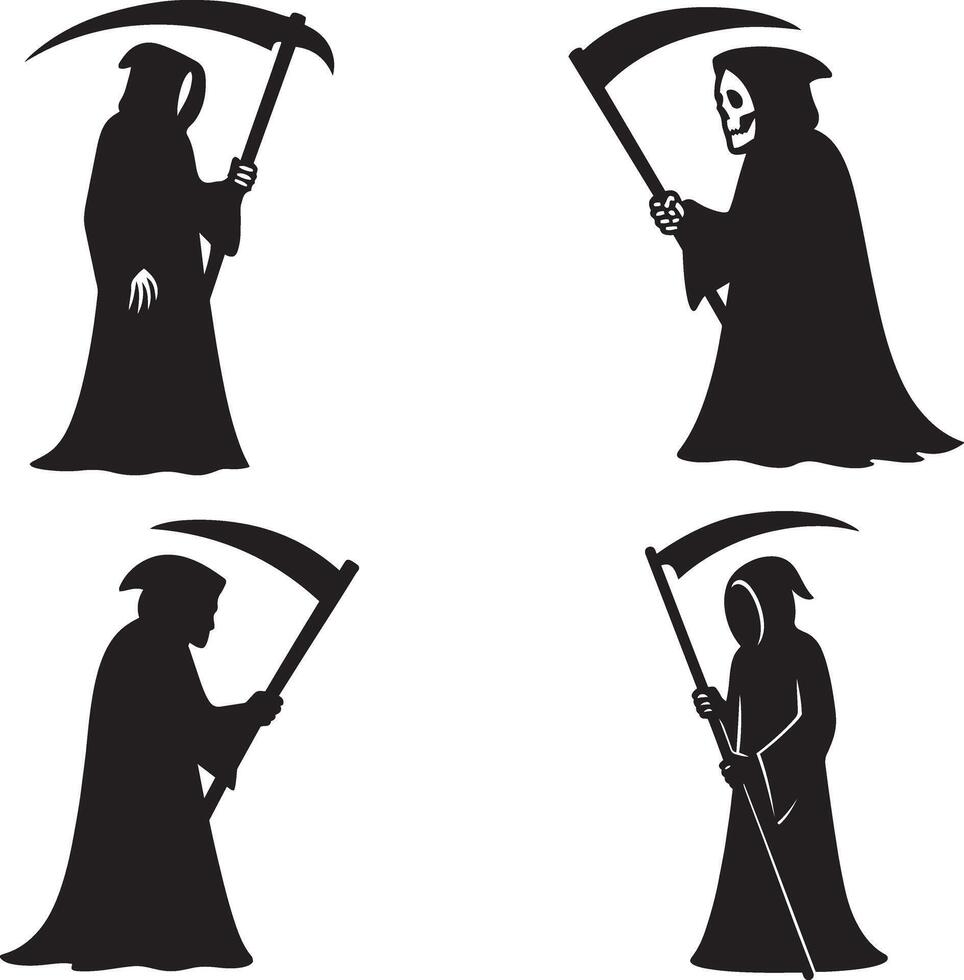 Grim reaper with scythe in flat black silhouette design illustration horror bundle set vector