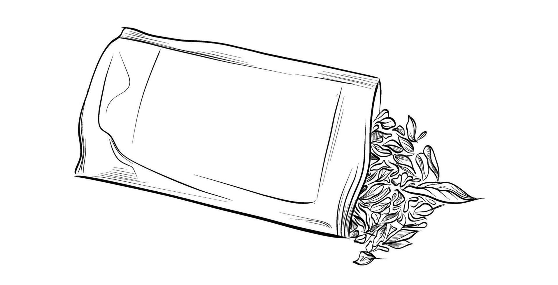 Open herbal tea package with loose leaves vector