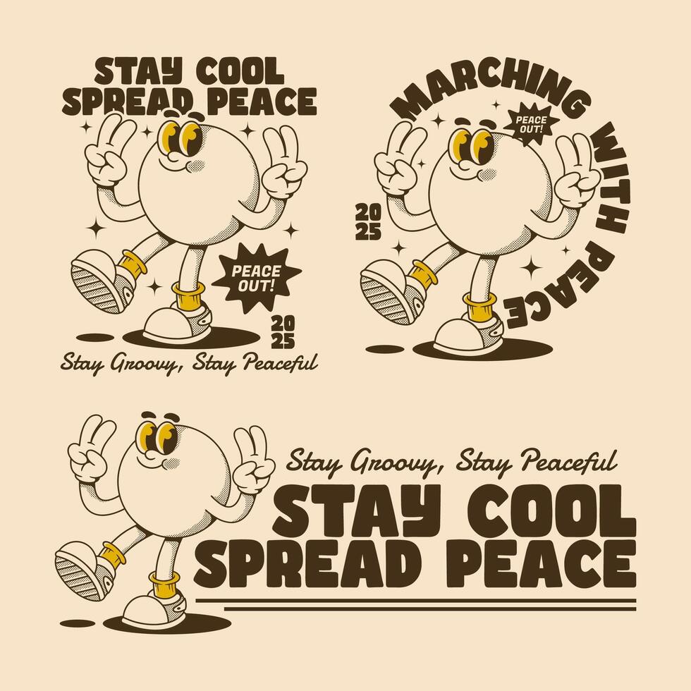 Three Peaceful Character Designs with Retro Positive Vibes vector