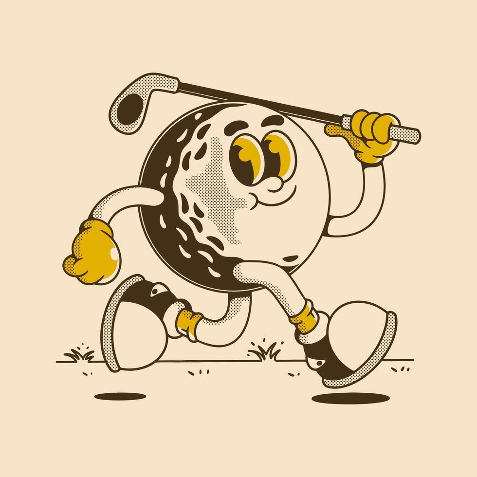 Happy Golf Ball Cartoon Running with Golf Club vector