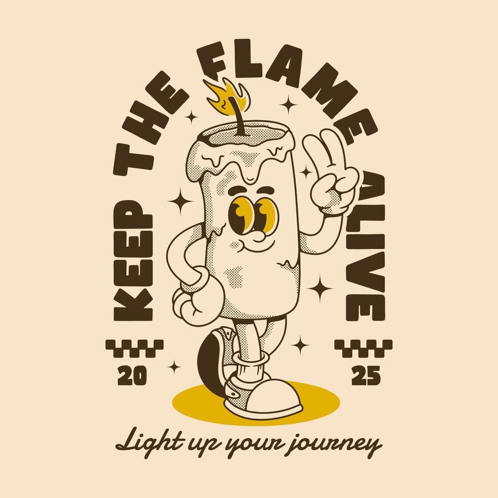 Motivational Candle Character Illustration with Peace Hand Gesture and Fun Retro Style vector