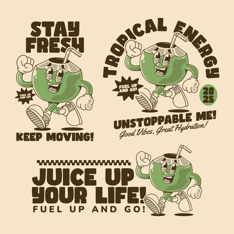 Energetic Coconut Cartoon character with Vintage Style vector