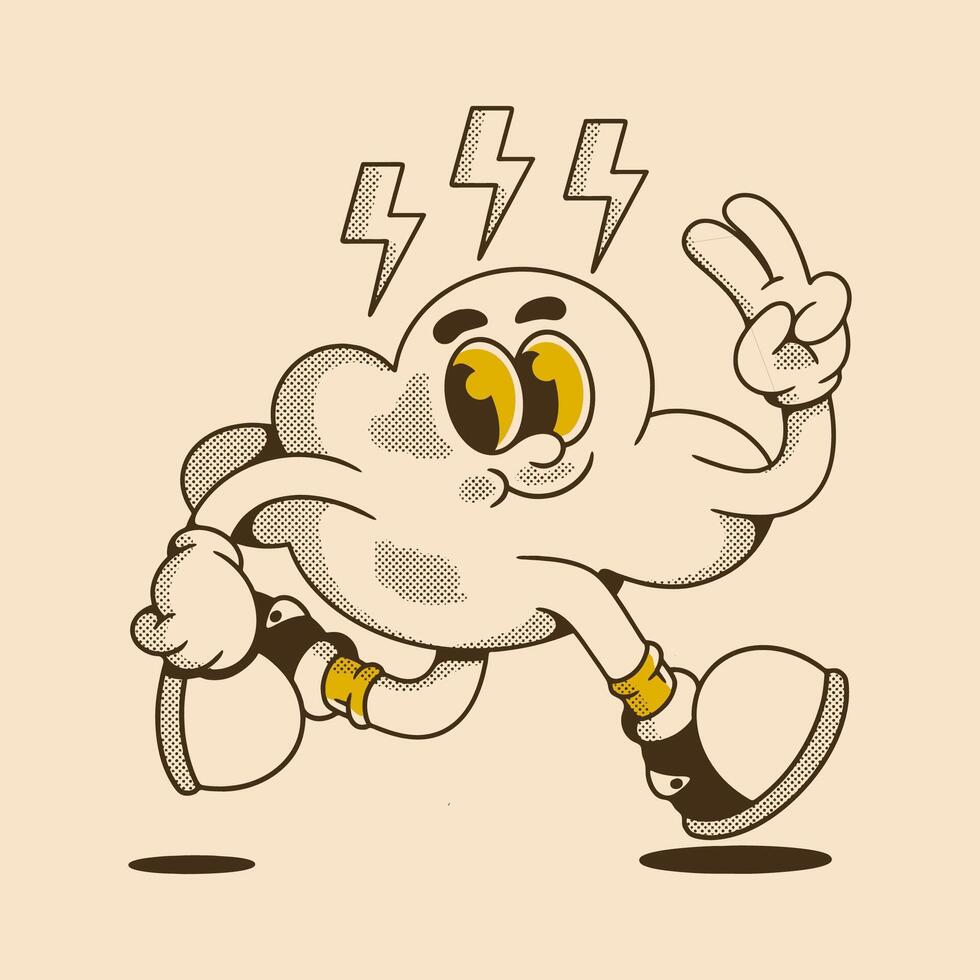 Cute Cartoon Thunder Cloud Running with Peace Gesture vector