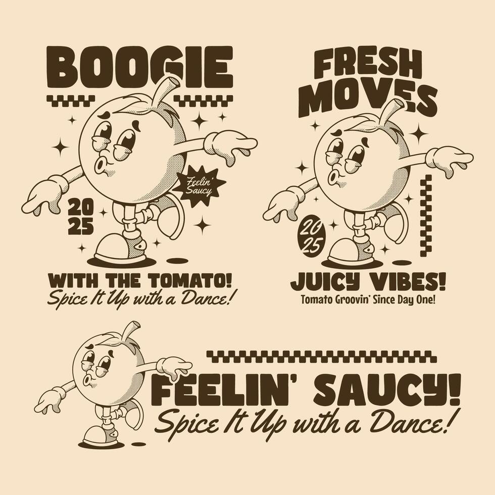 Three Funky Tomato Dancers Bringing Retro Flavor and Vibes vector