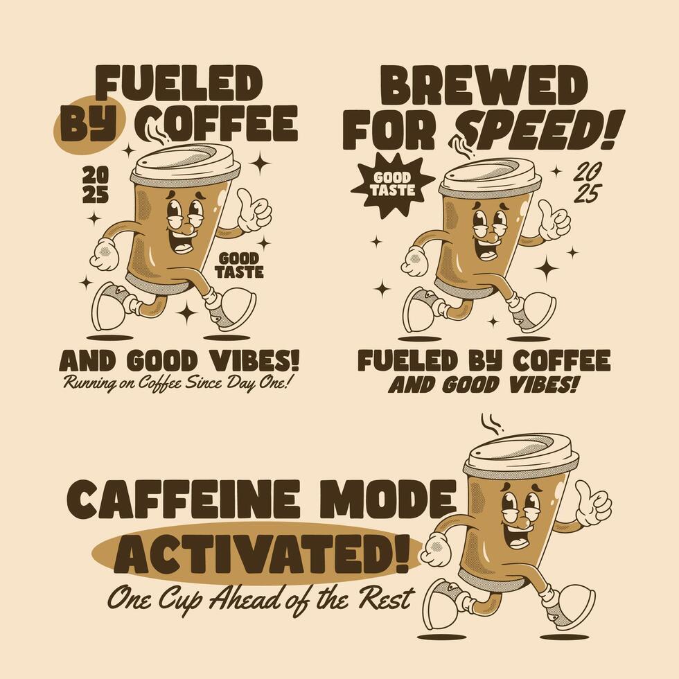Energetic Coffee Cup Mascot Designs for Fun, Bold, and Retro-Inspired T Shirt Prints vector