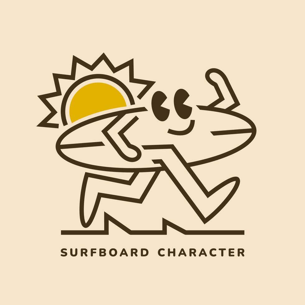 simple outline illustration of a surfboard character in running pose vector