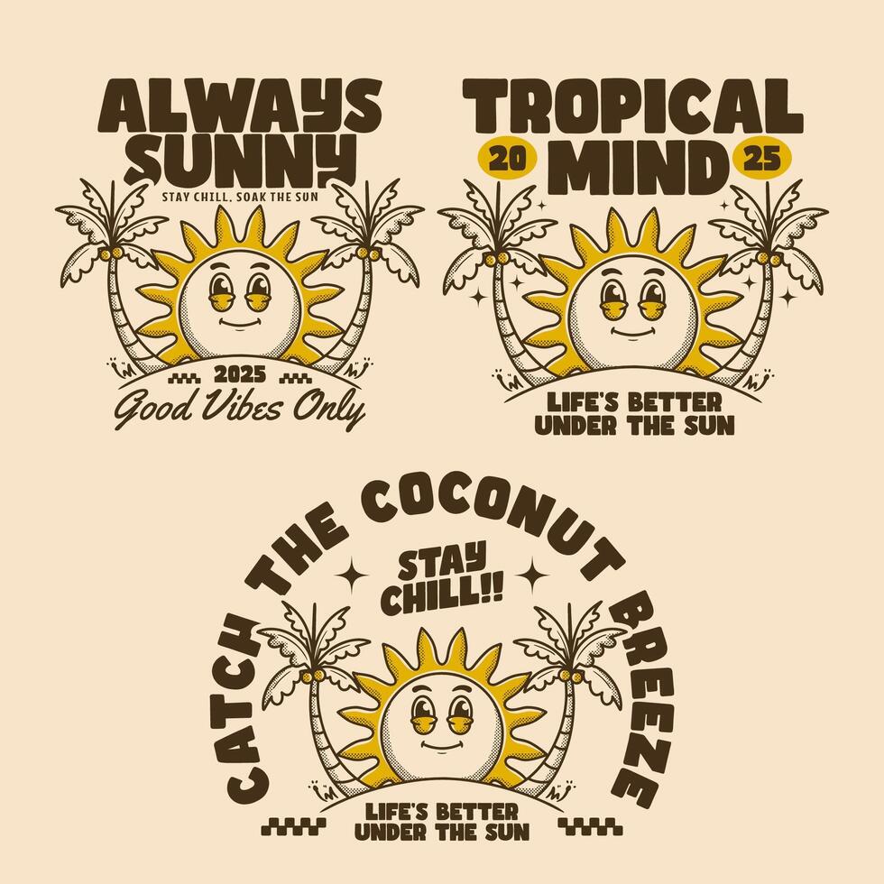 Funny Sun and Coconut Tree Illustrations for Tropical Summer Vibes Collection vector