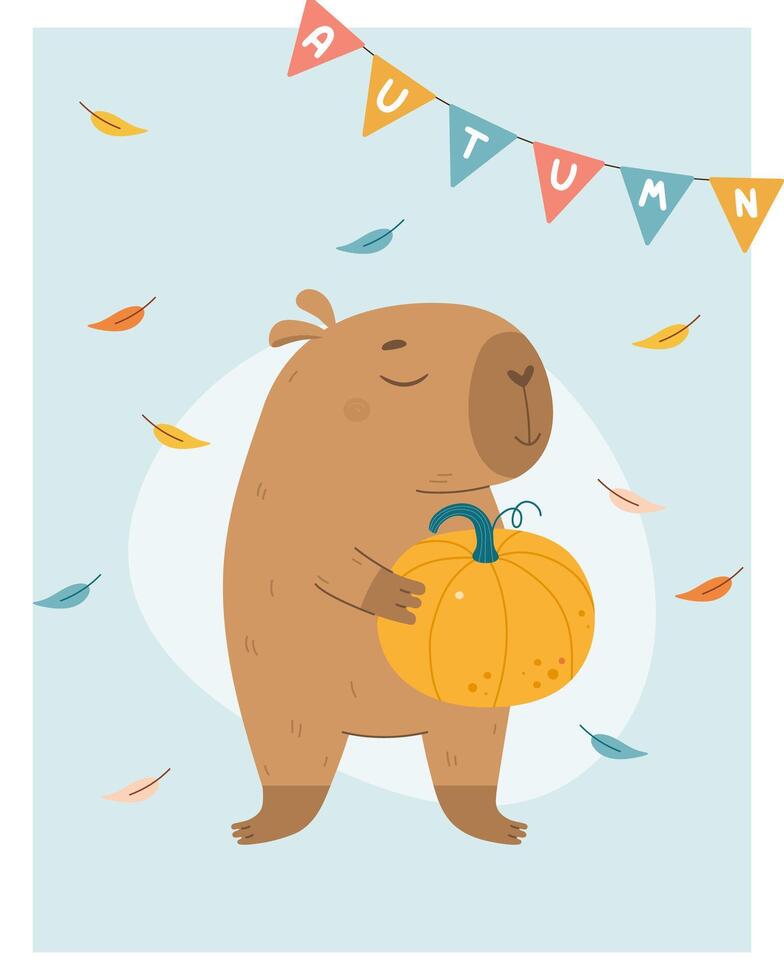 Autumn greeting card with capybara holding pumpkin vector