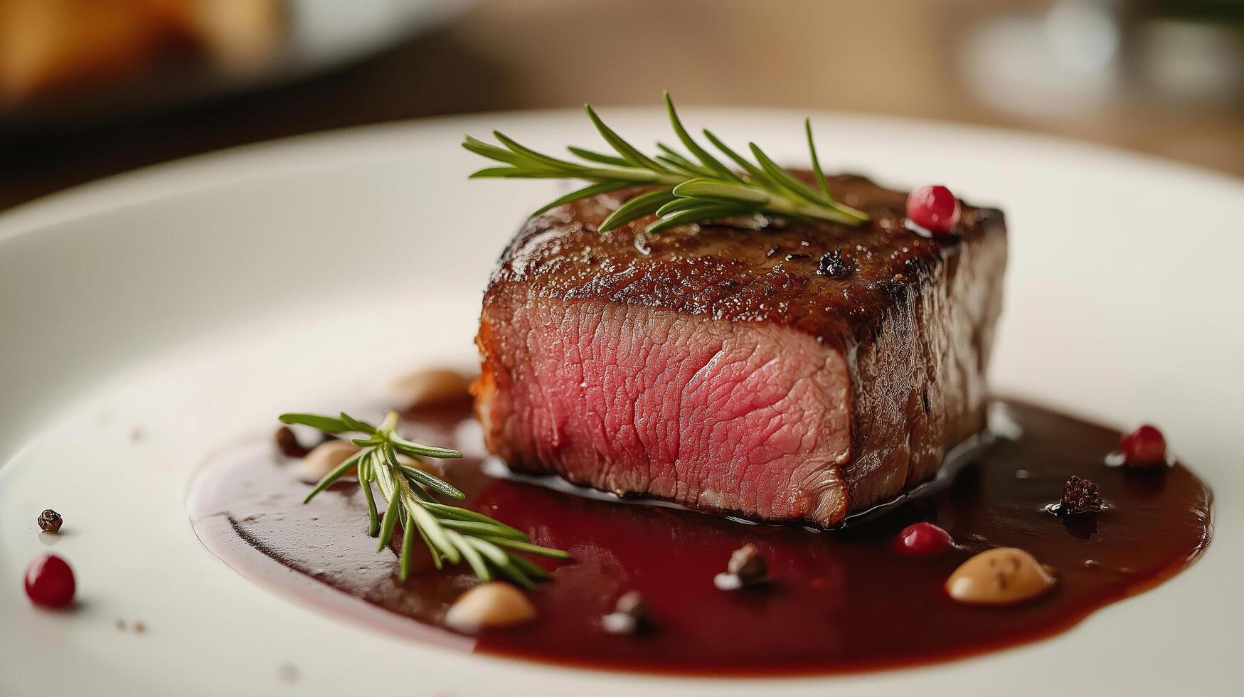 Gourmet plated dish featuring expertly cooked steak with sauce and garnishes photo