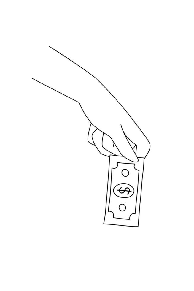 Black and white line art illustration of a hand holding a dollar money.Finance element coloring book vector