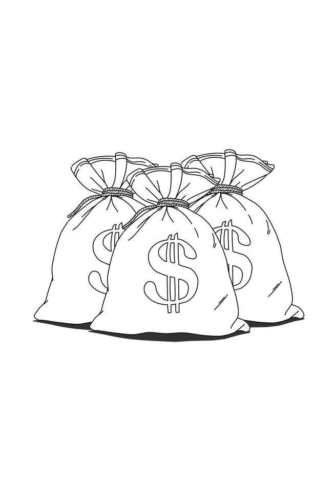 Three Black and white illustration of a money bag with a dollar sign issolated on white vector