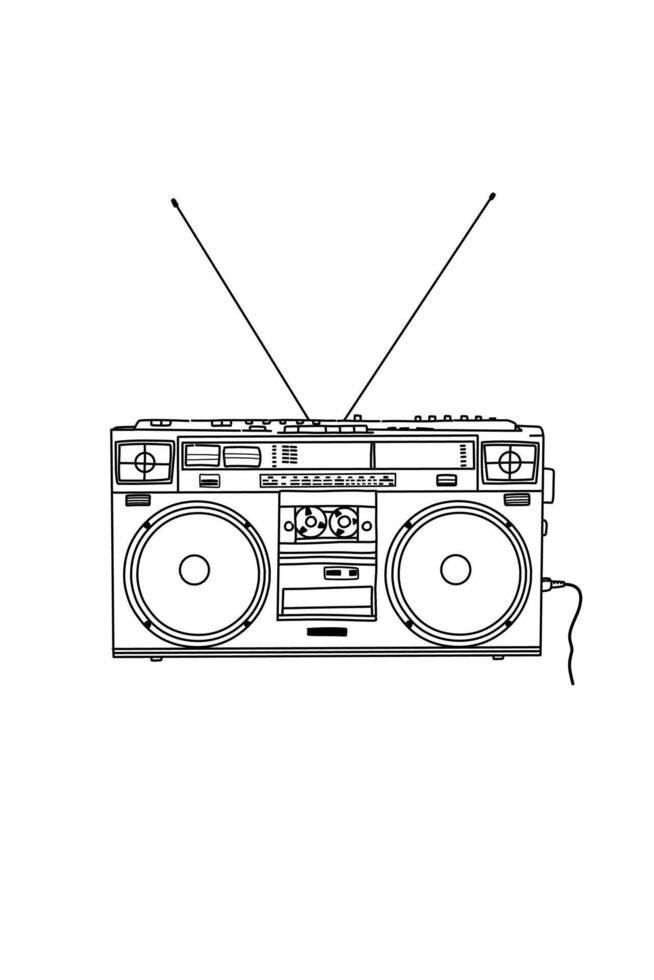 Black and white line art Old radio object .Retro radio and cassette tape vector