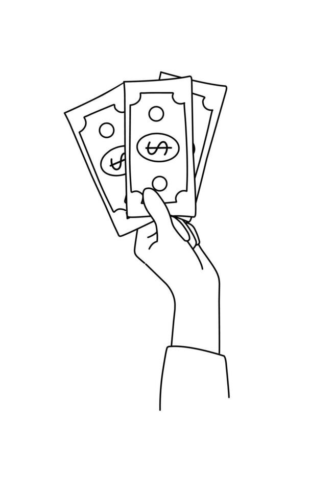 Black and white illustration Hand holding Lot of money issolated on white. Finance element vector