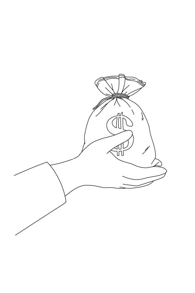 Black and white illustration of a hand holding a money bag issolated on white. Finance object vector