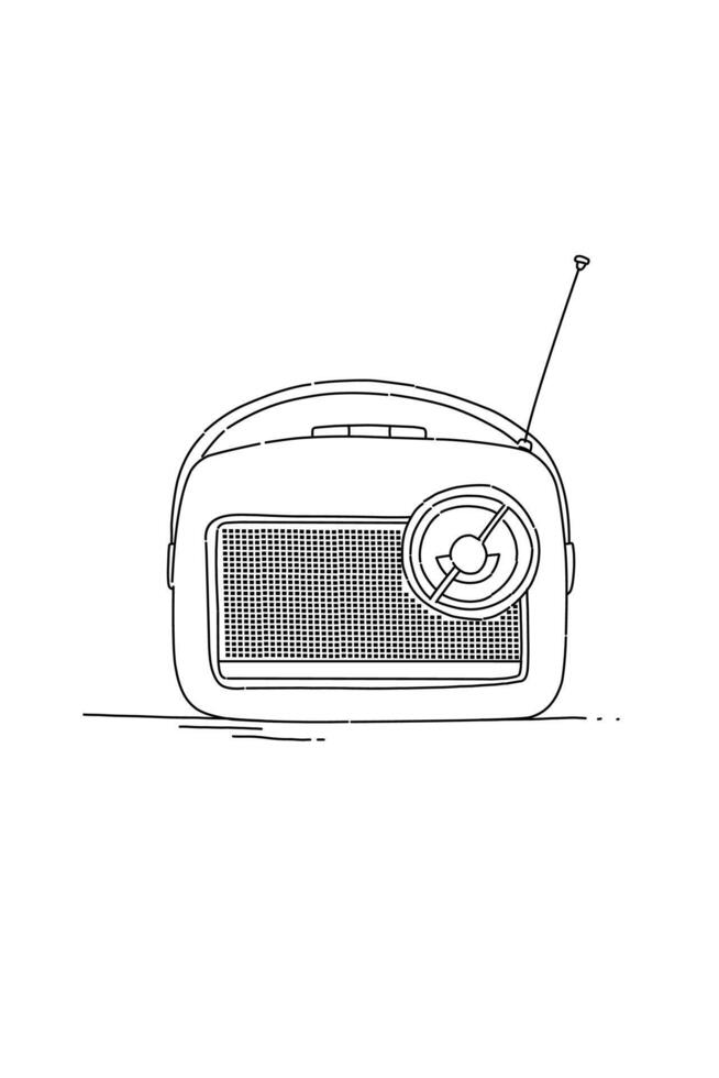 Black and white line art Old radio object .Retro radio with Antenna vector
