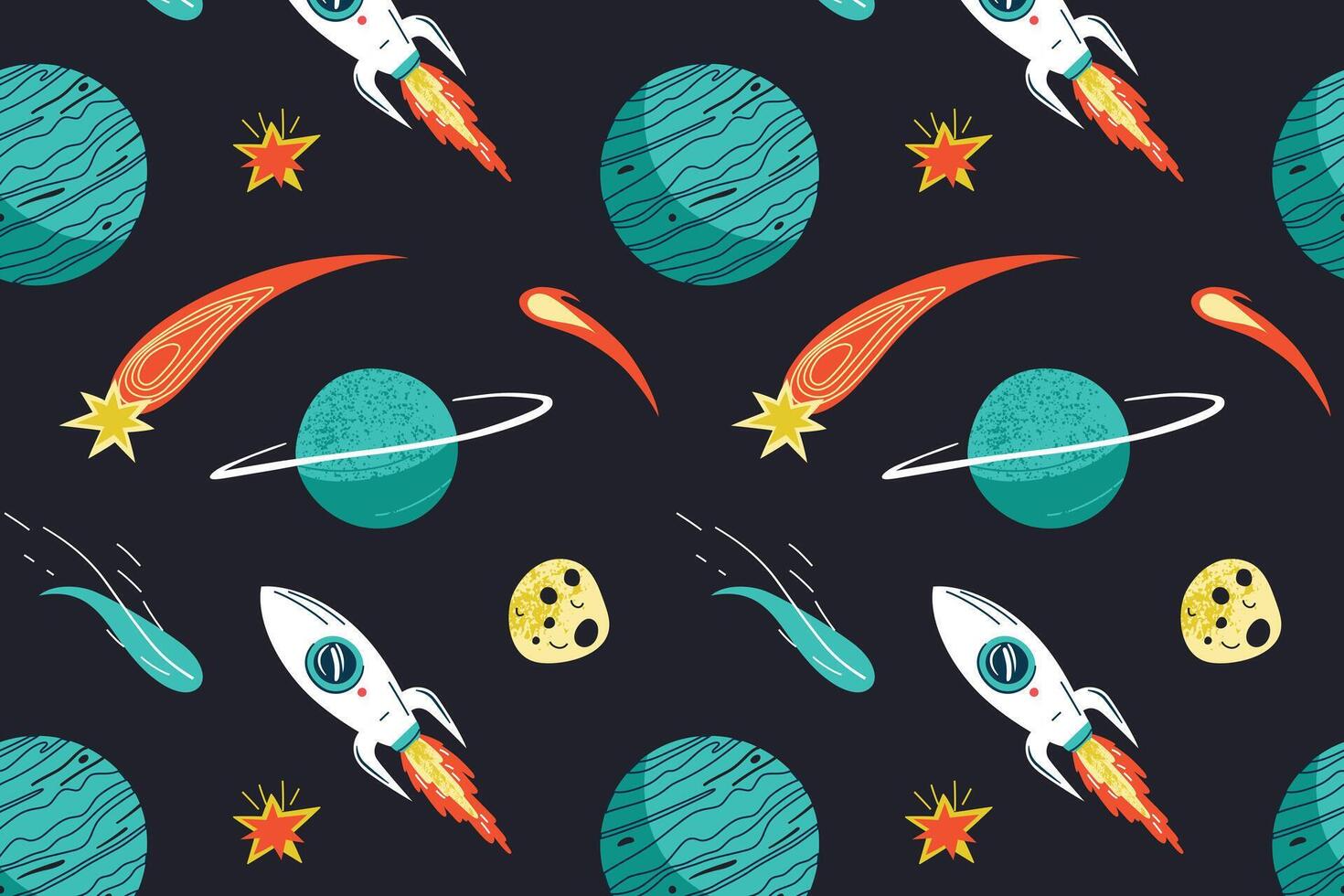 Seamless kids space pattern with rockets, planets, stars, comets and asteroids. Playful cartoon design for textiles, illustration for wallpapers, books and children educational projects vector