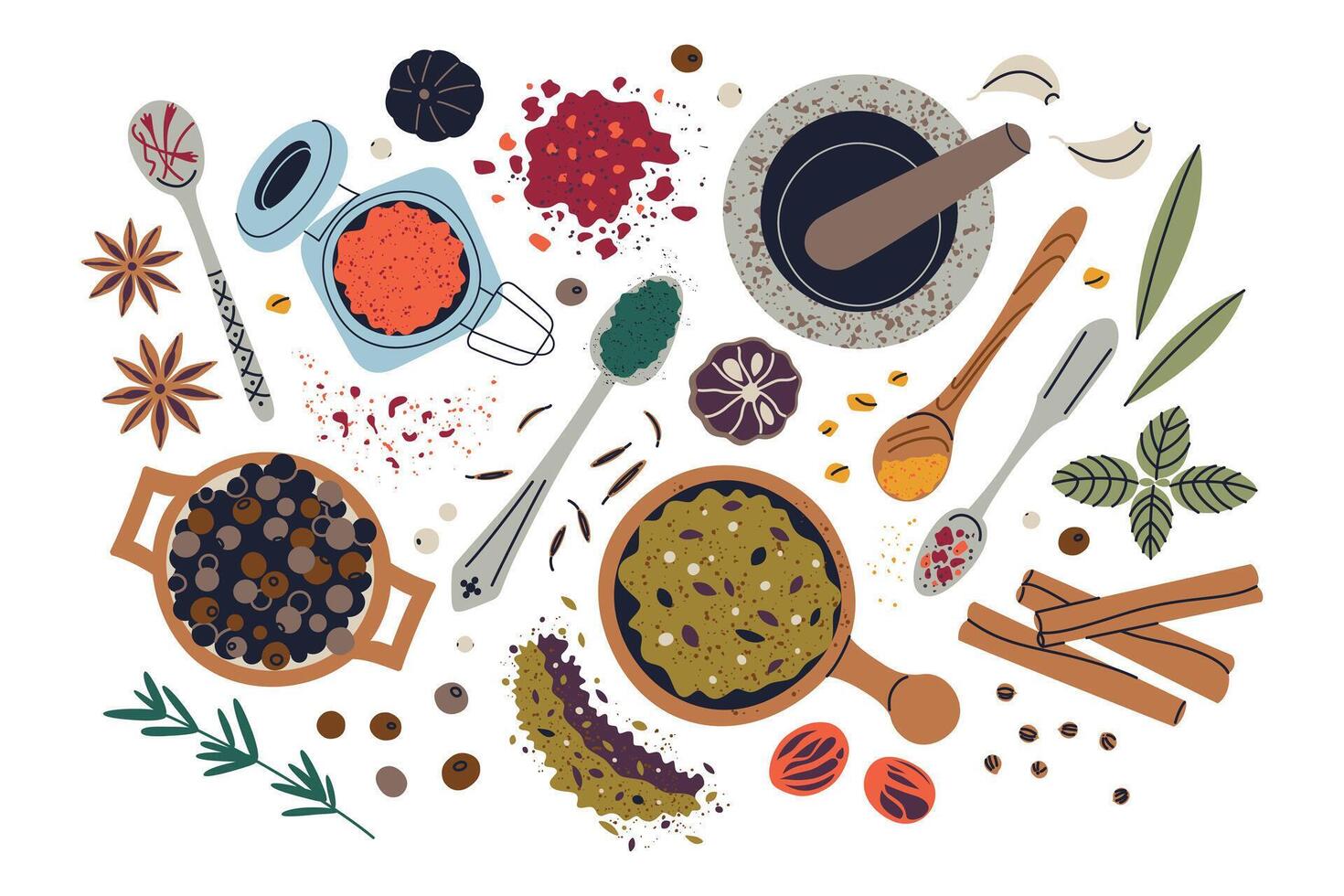 Top view composition with spices in wooden bowls and glass jars. Aesthetic layout with herbs, seasoning blends, kitchen tools illustrations, flat icons of cumin, turmeric, pepper vector